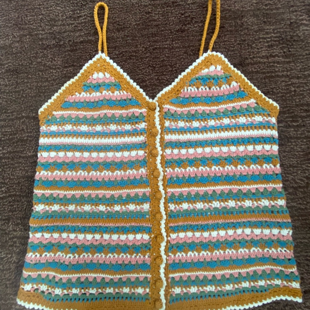 Sezane Multicolor Crochet Strappy Tank Top - Mustard, Pink, Teal, White